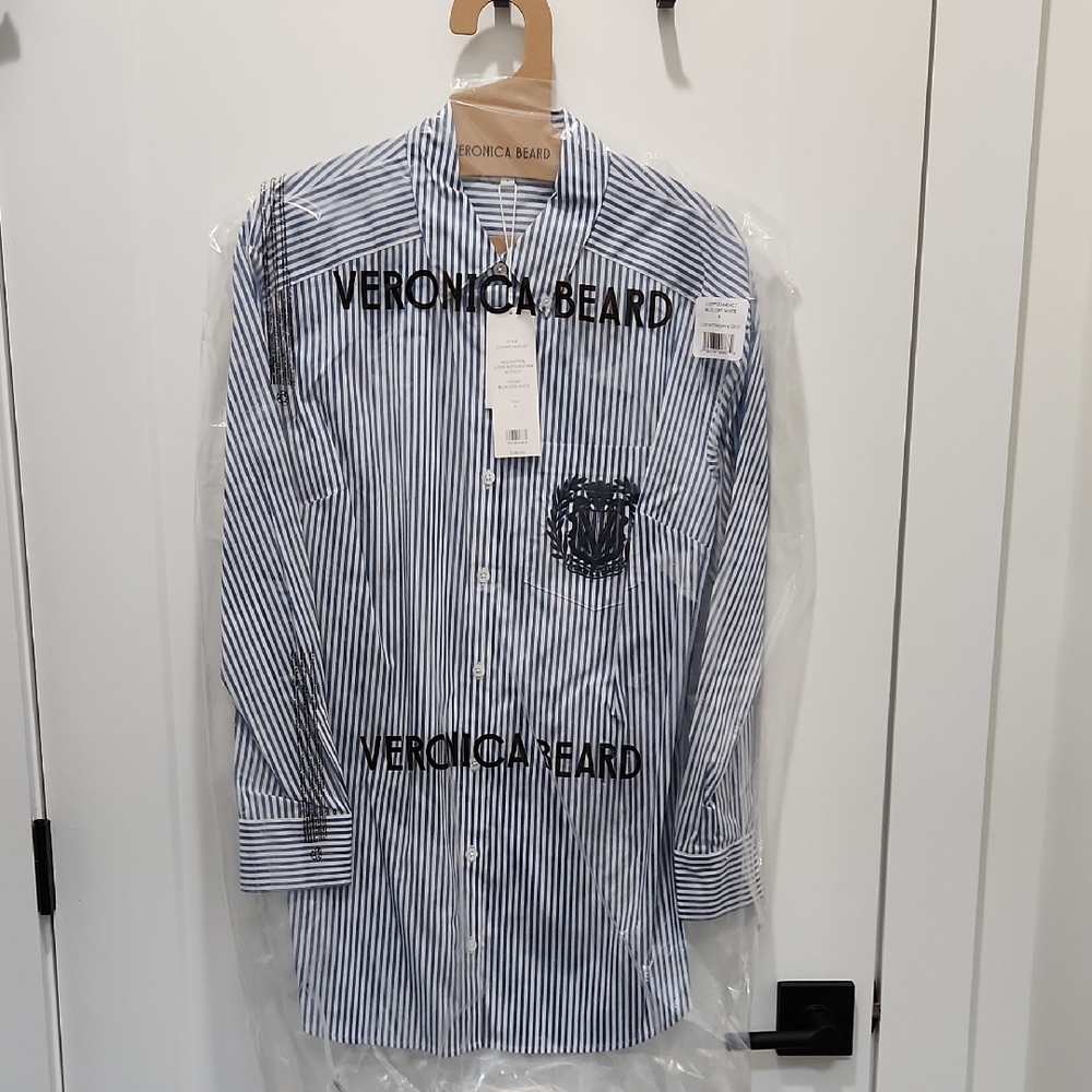 Veronica Beard Blue Striped Lloys Button Down With Cresr - Picture 3 of 7